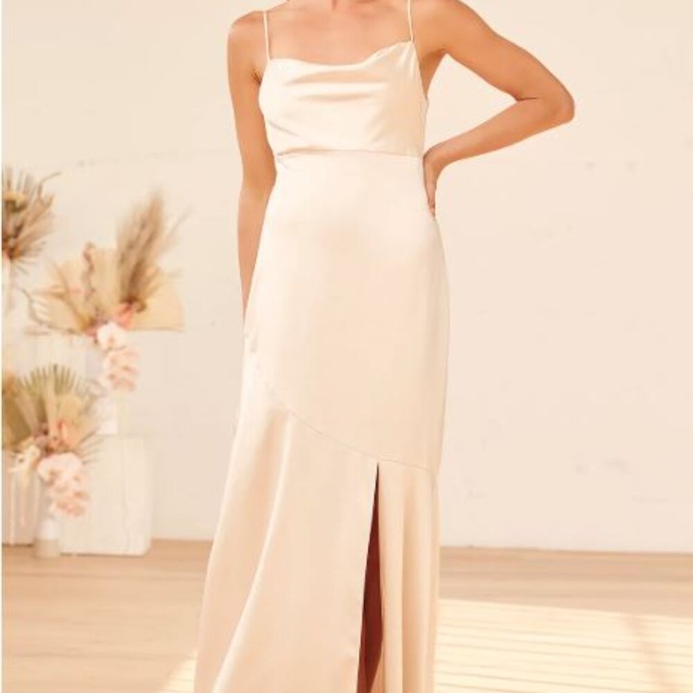 Champagne Satin Dress - Lulus